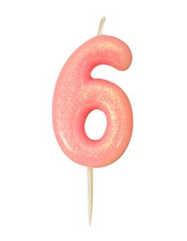 Picture of AGE 6 PINK GLITTER NUMERAL MOULDED PICK CANDLE 7CM